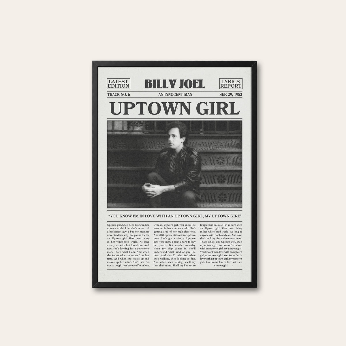 Billy Joel Uptown Girl newspaper poster — black frame