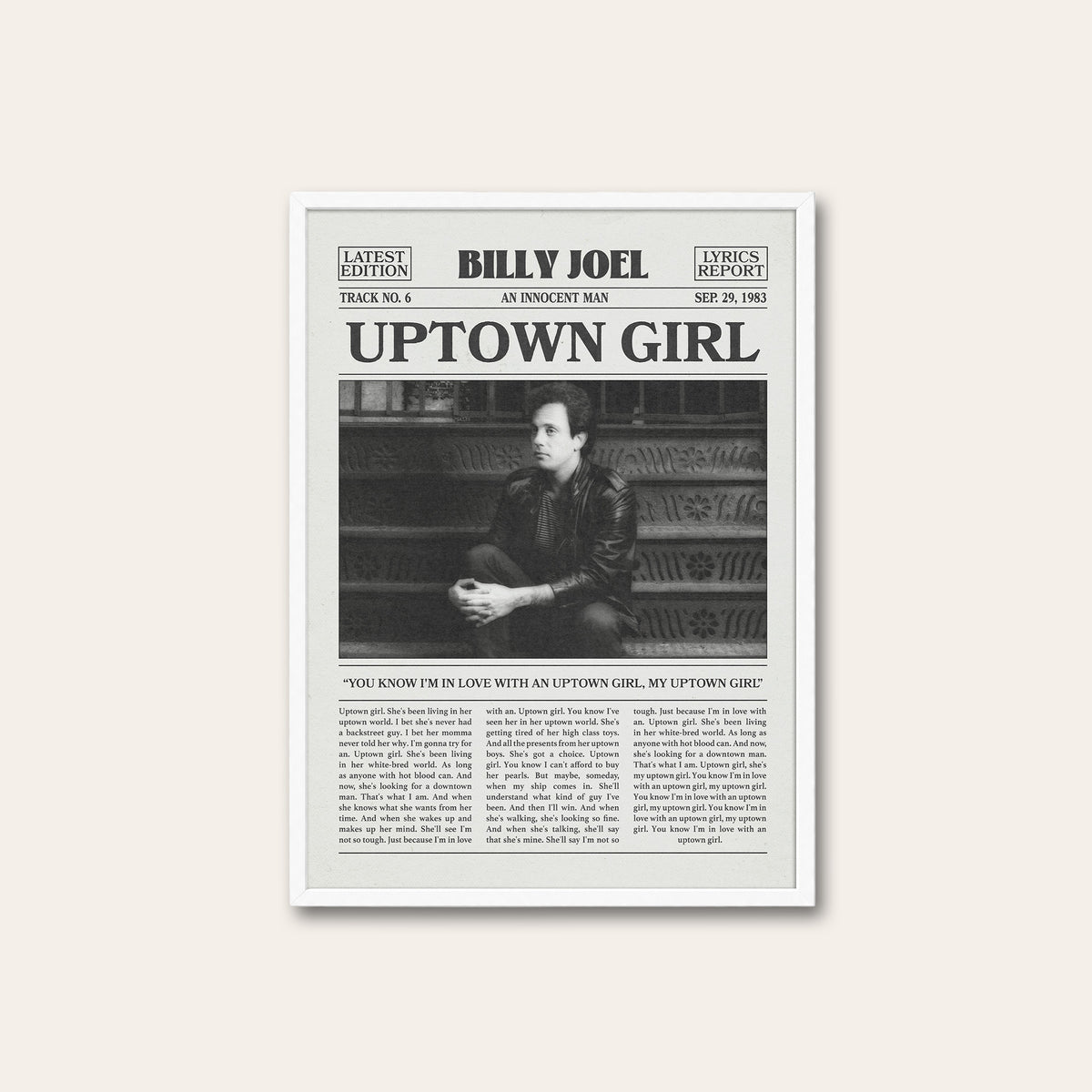 Billy Joel Uptown Girl newspaper poster — white frame