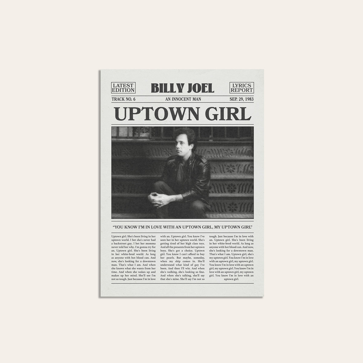 Billy Joel Uptown Girl newspaper poster — unframed print