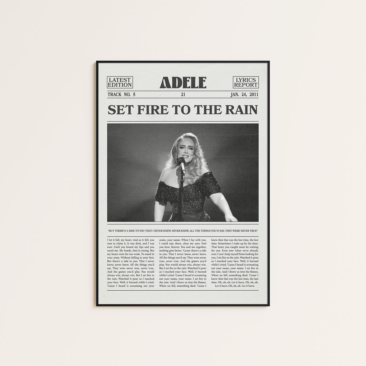 Adele Set Fire to the Rain newspaper poster — black frame display