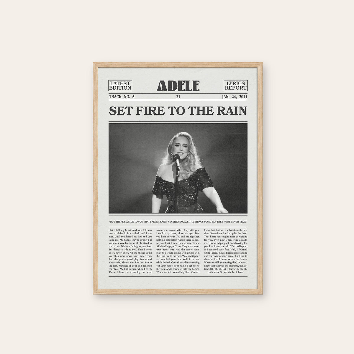 Adele Set Fire to the Rain newspaper poster — natural wood frame