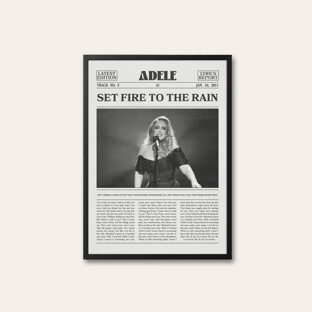 Adele Set Fire to the Rain newspaper poster — black frame