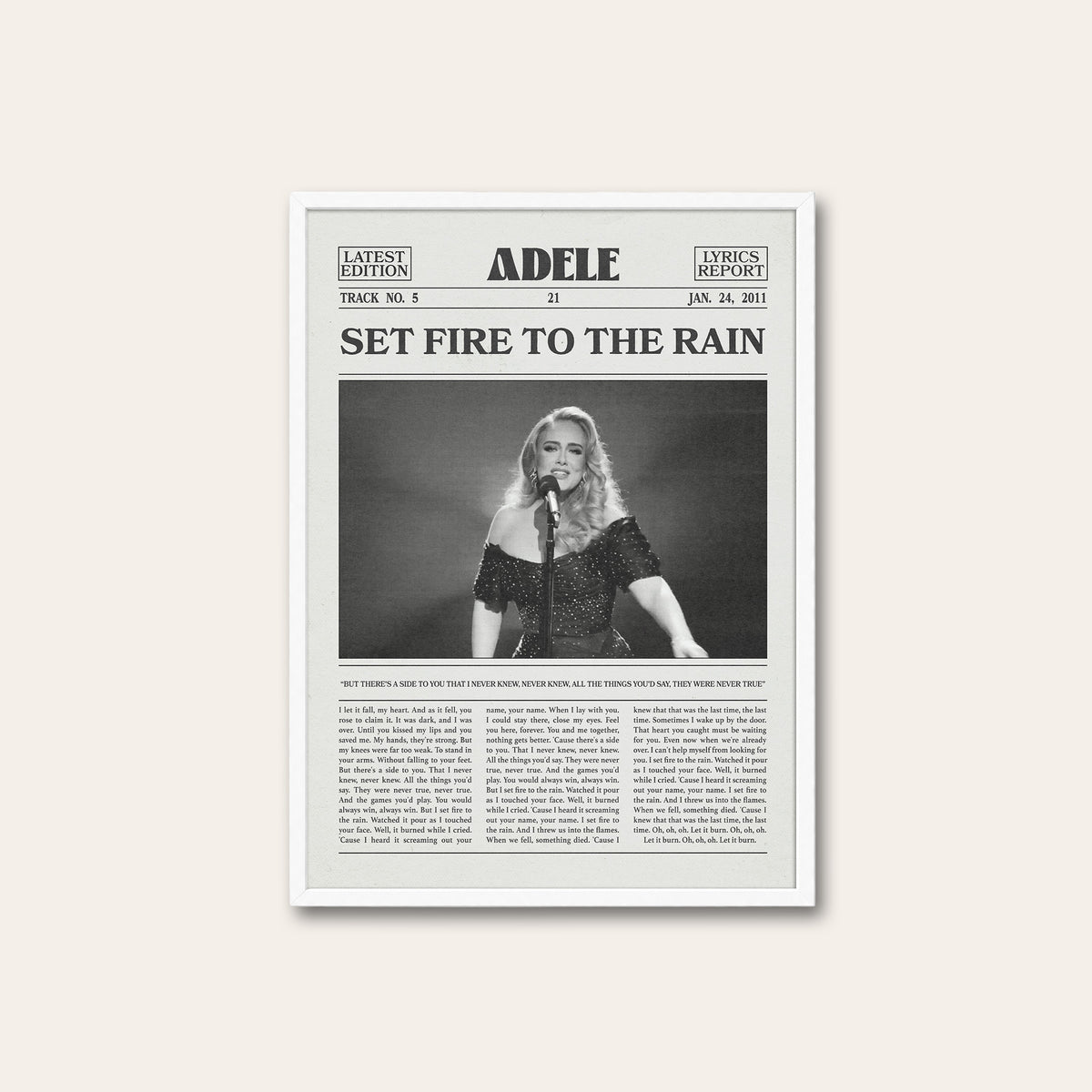 Adele Set Fire to the Rain newspaper poster — white frame