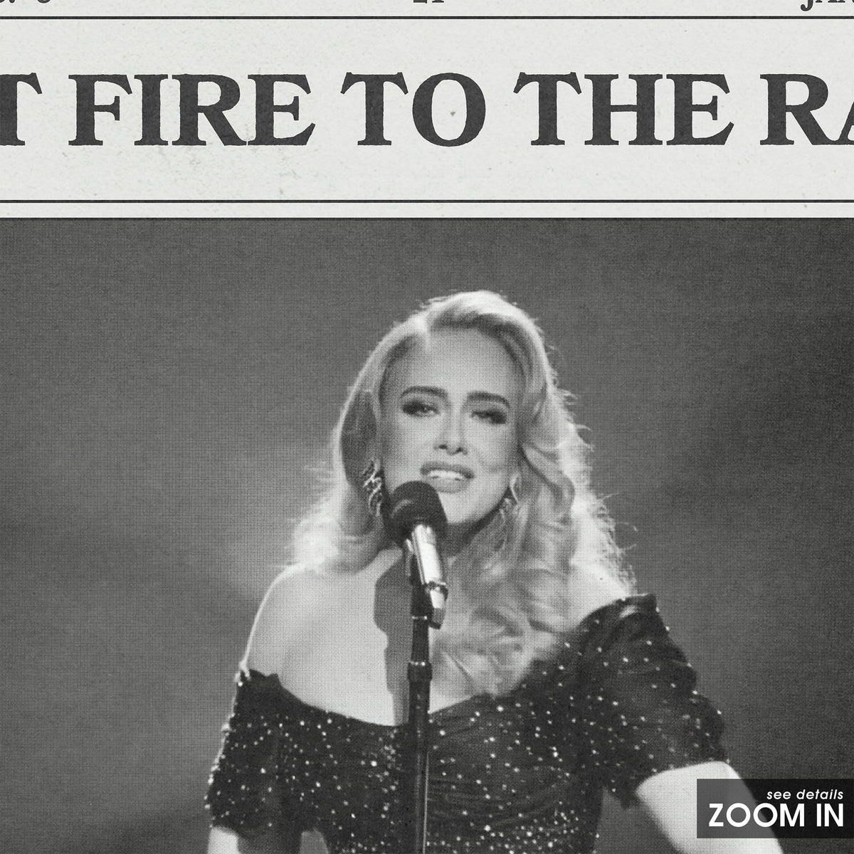 Adele Set Fire to the Rain newspaper poster — close-up detail