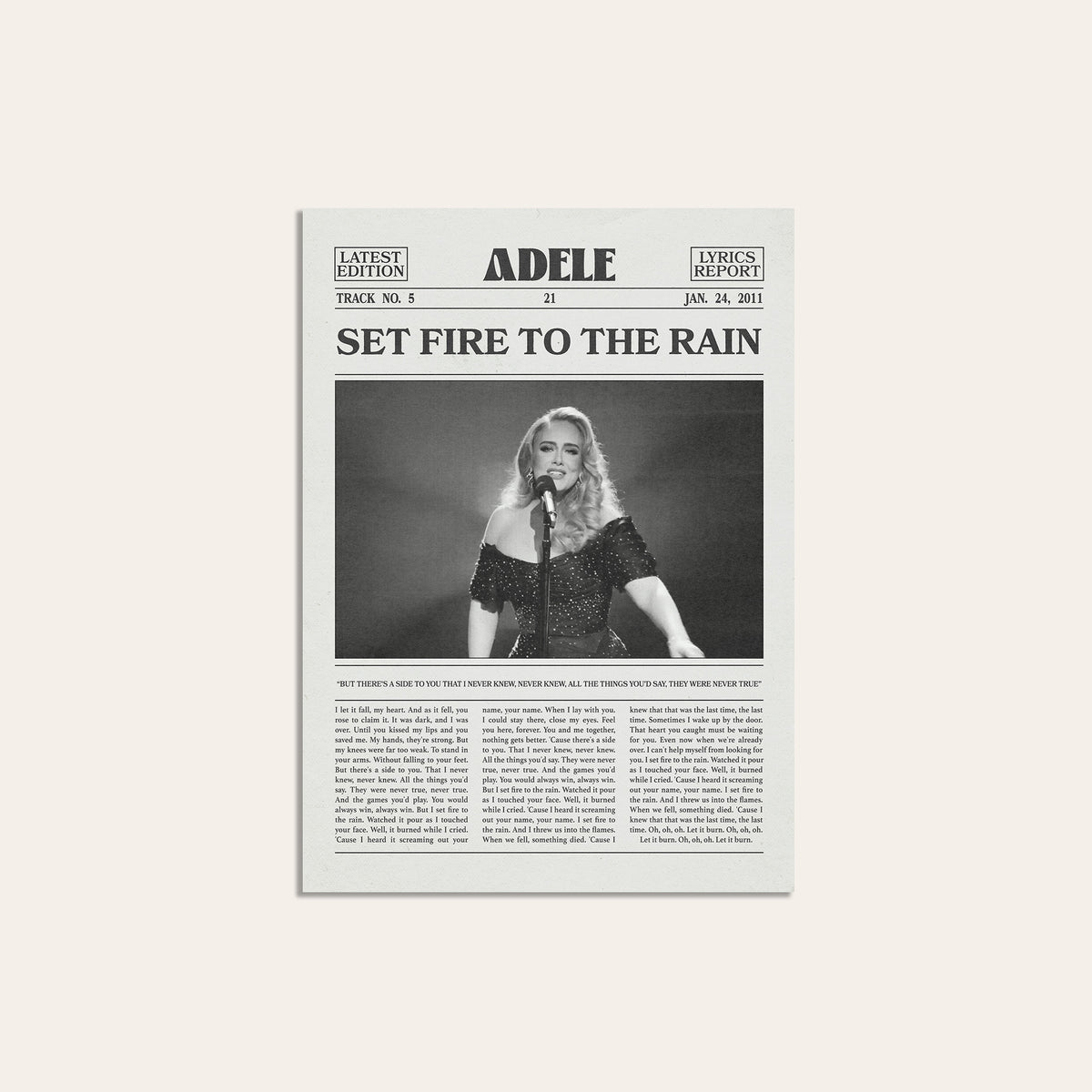 Adele Set Fire to the Rain newspaper poster — unframed print