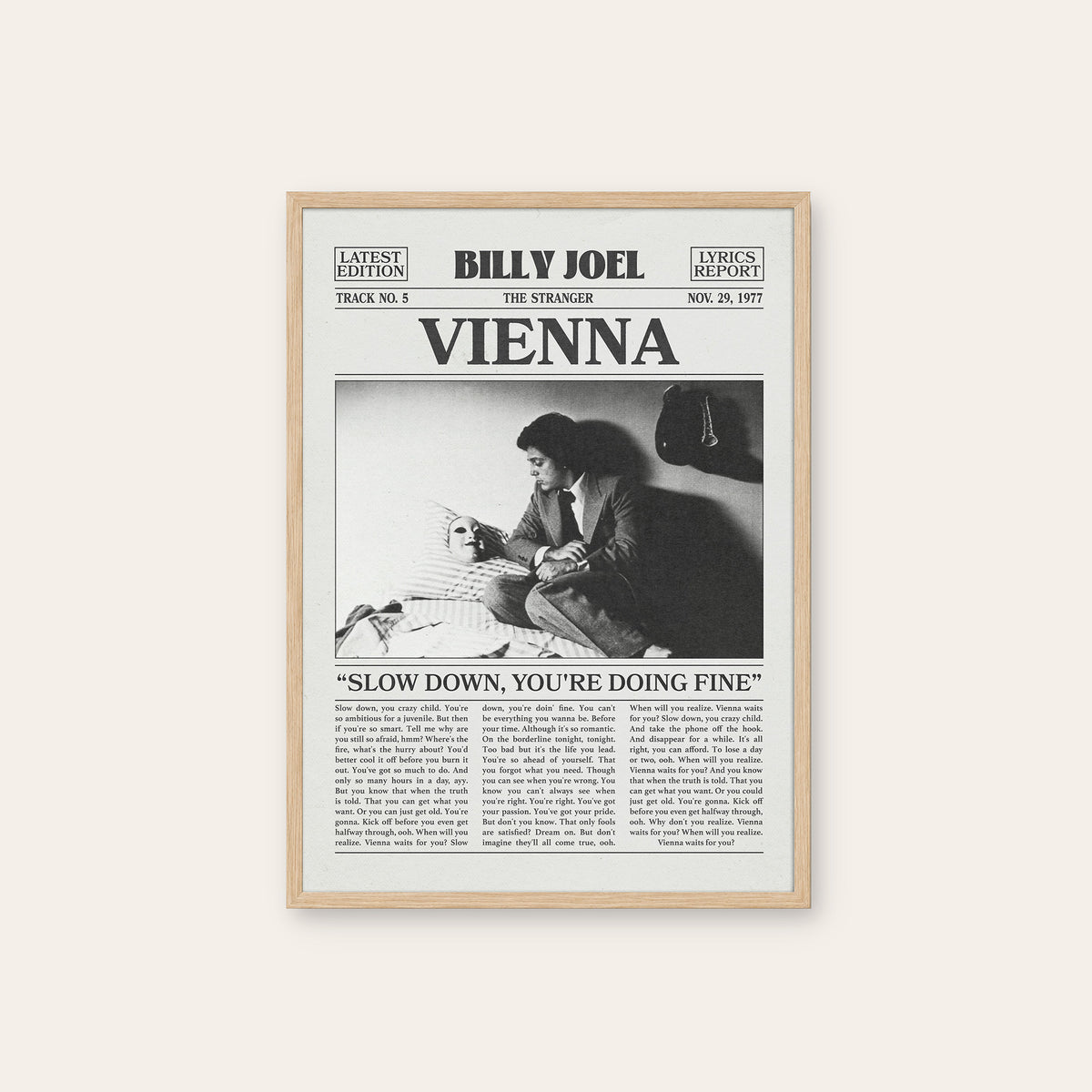 Billy Joel Vienna newspaper poster, Slow Down — natural wood frame