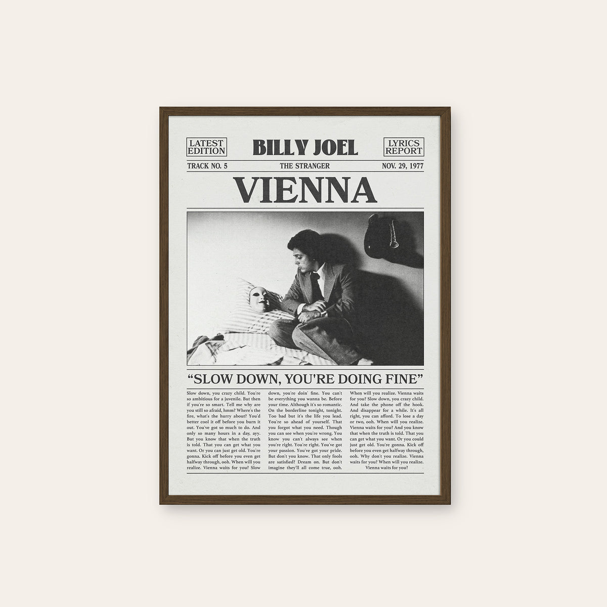 Billy Joel Vienna newspaper poster, Slow Down — dark wood frame