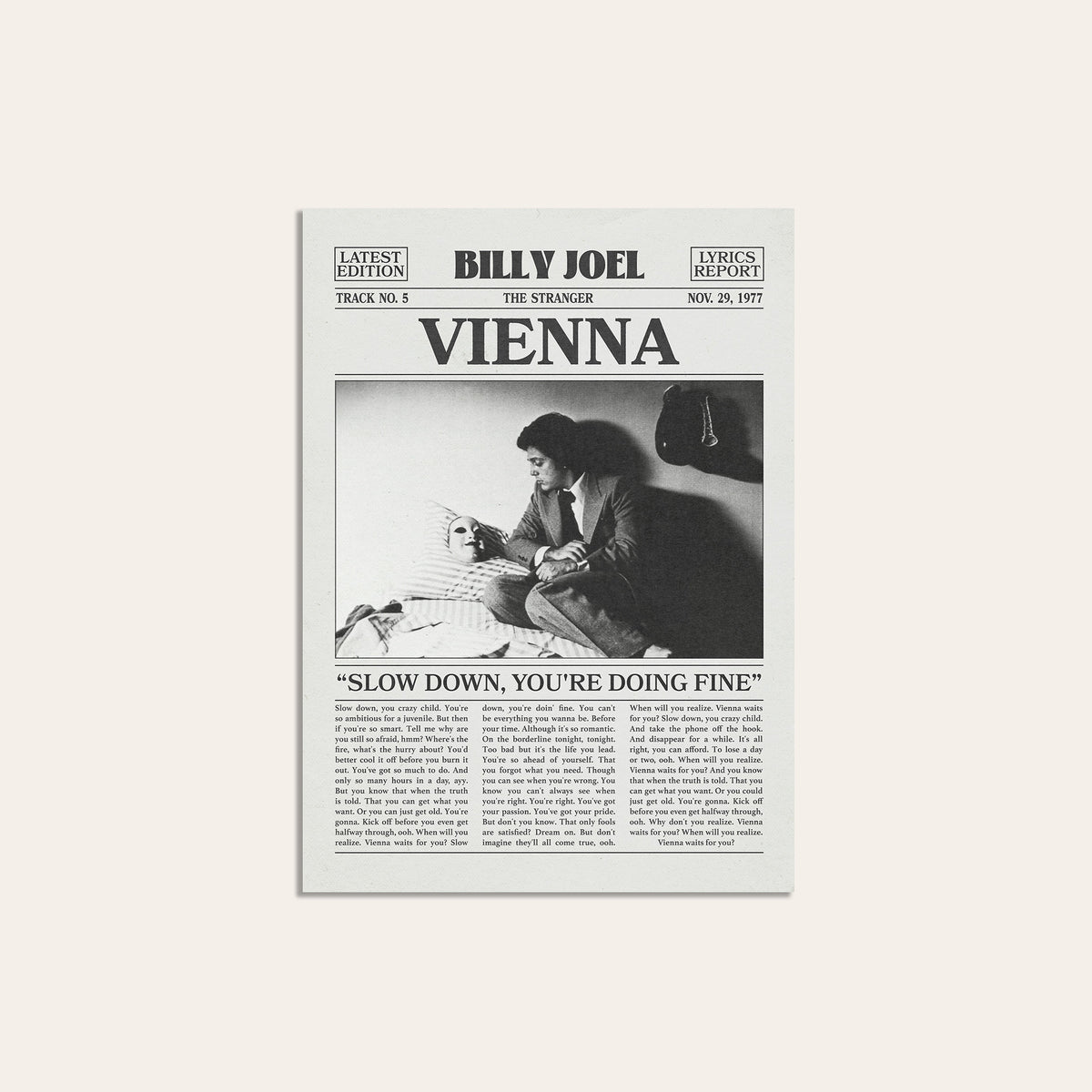 Billy Joel Vienna newspaper poster, Slow Down — unframed print