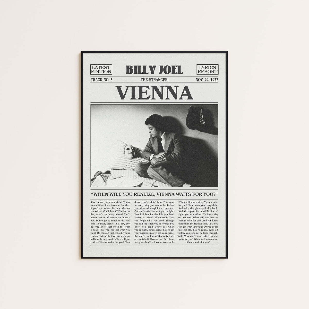 Billy Joel Vienna newspaper poster, Vienna Waits — black frame display