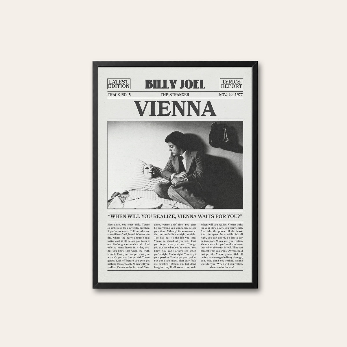 Billy Joel Vienna newspaper poster, Vienna Waits — black frame