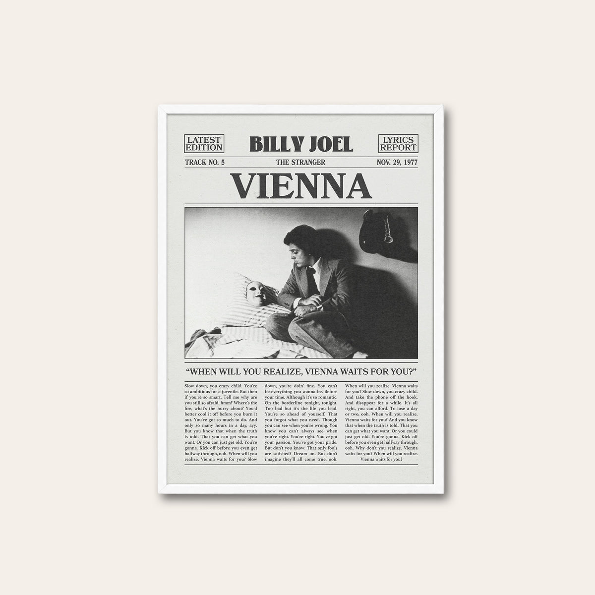 Billy Joel Vienna newspaper poster, Vienna Waits — white frame