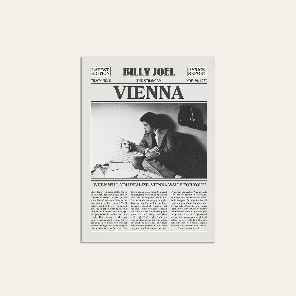 Billy Joel Vienna newspaper poster, Vienna Waits — unframed print