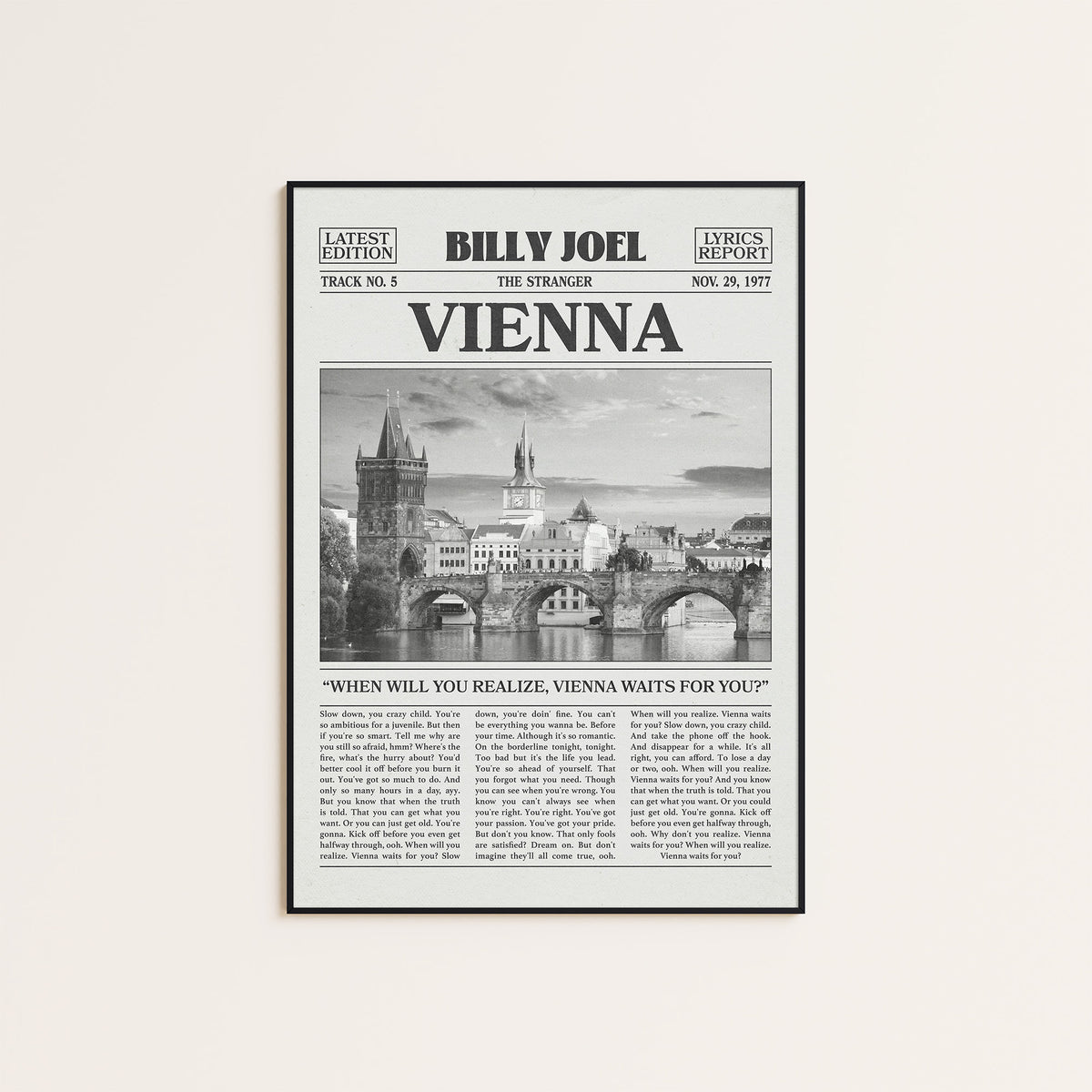 Billy Joel Vienna newspaper poster, Bridge — black frame display