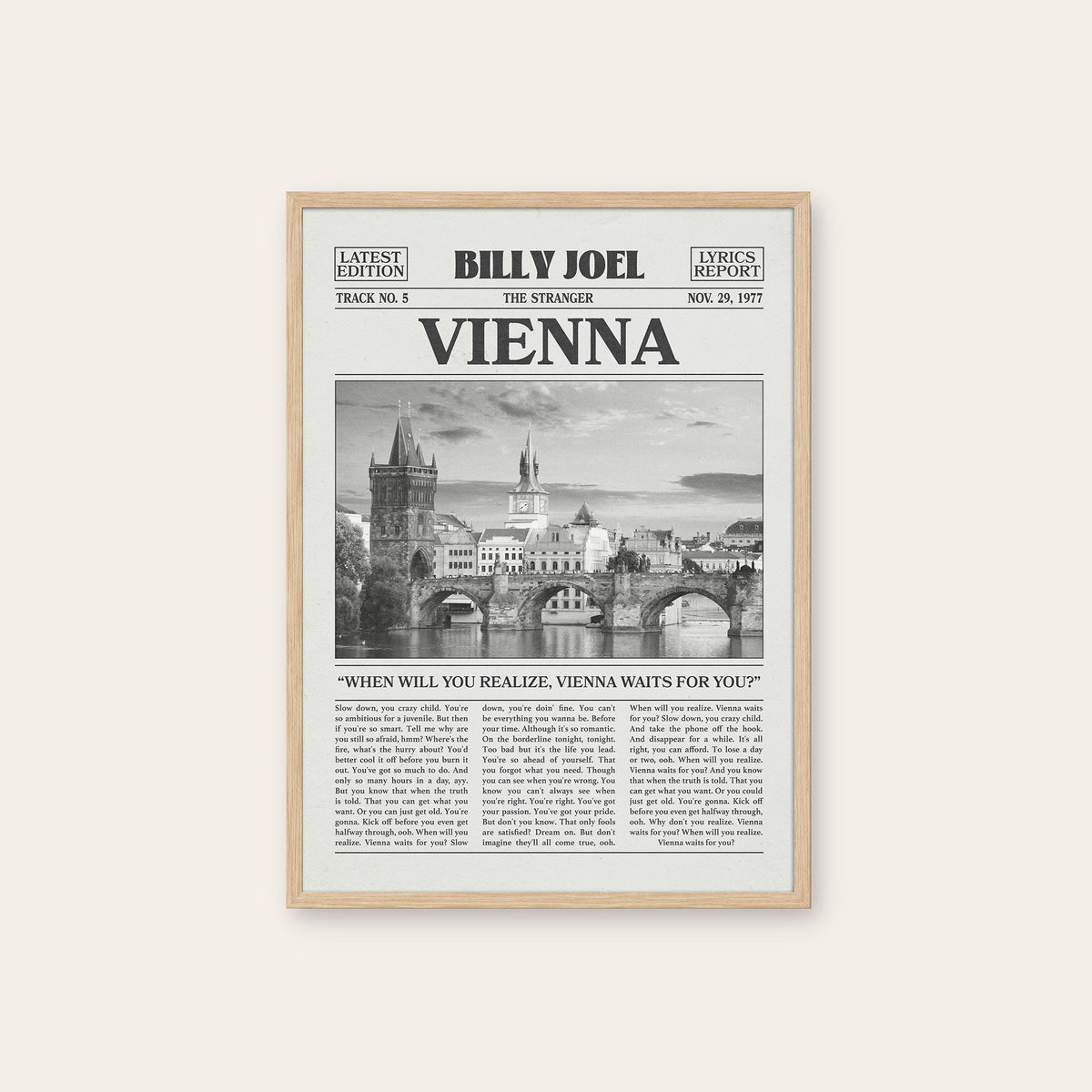 Billy Joel Vienna newspaper poster, Bridge — natural wood frame