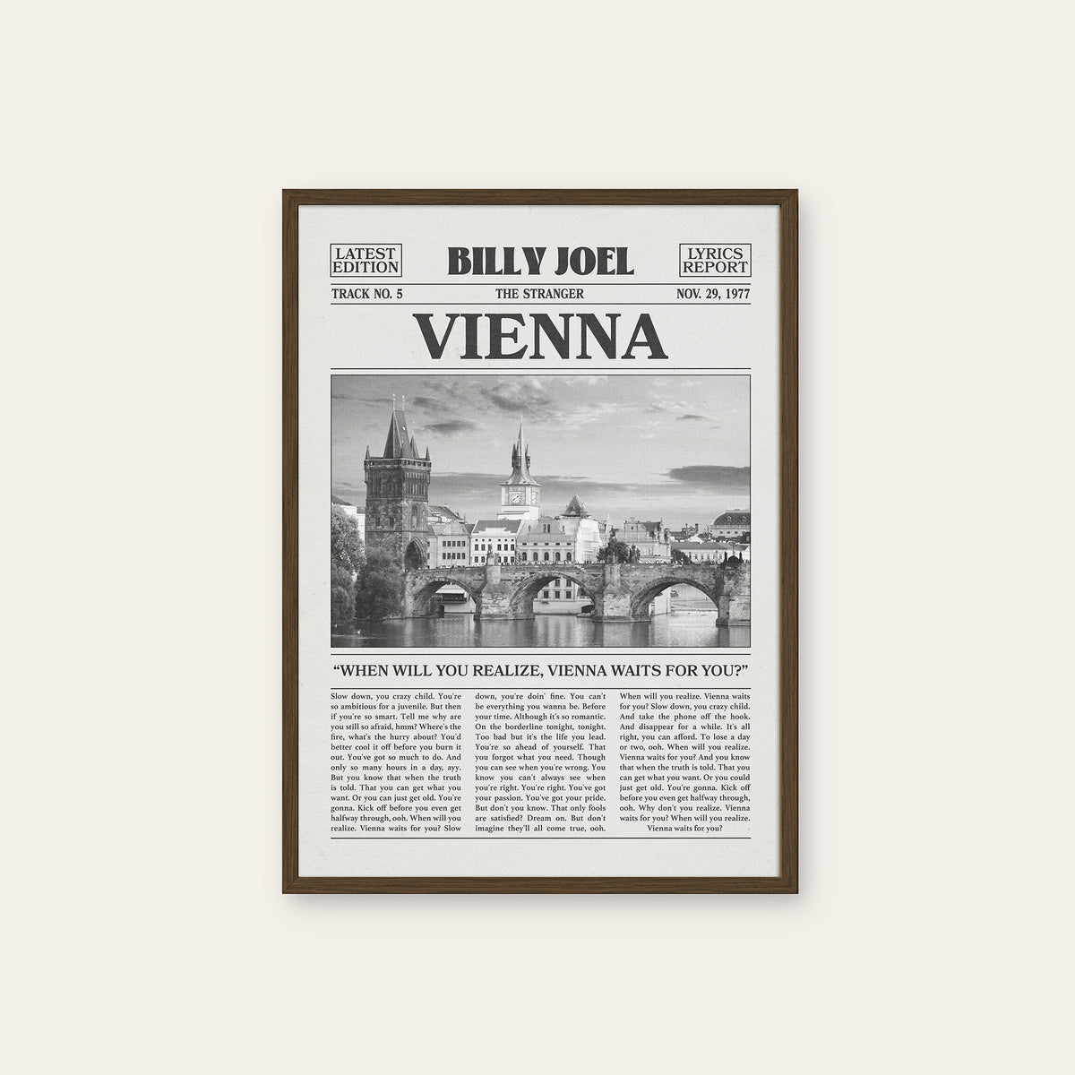 Billy Joel Vienna newspaper poster, Bridge — dark wood frame