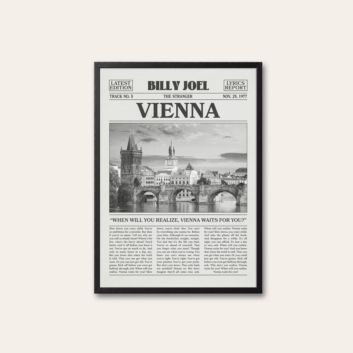 Billy Joel Vienna newspaper poster, Bridge — black frame