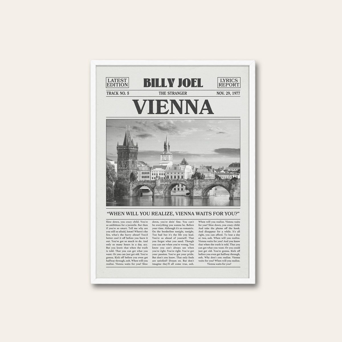 Billy Joel Vienna newspaper poster, Bridge — white frame