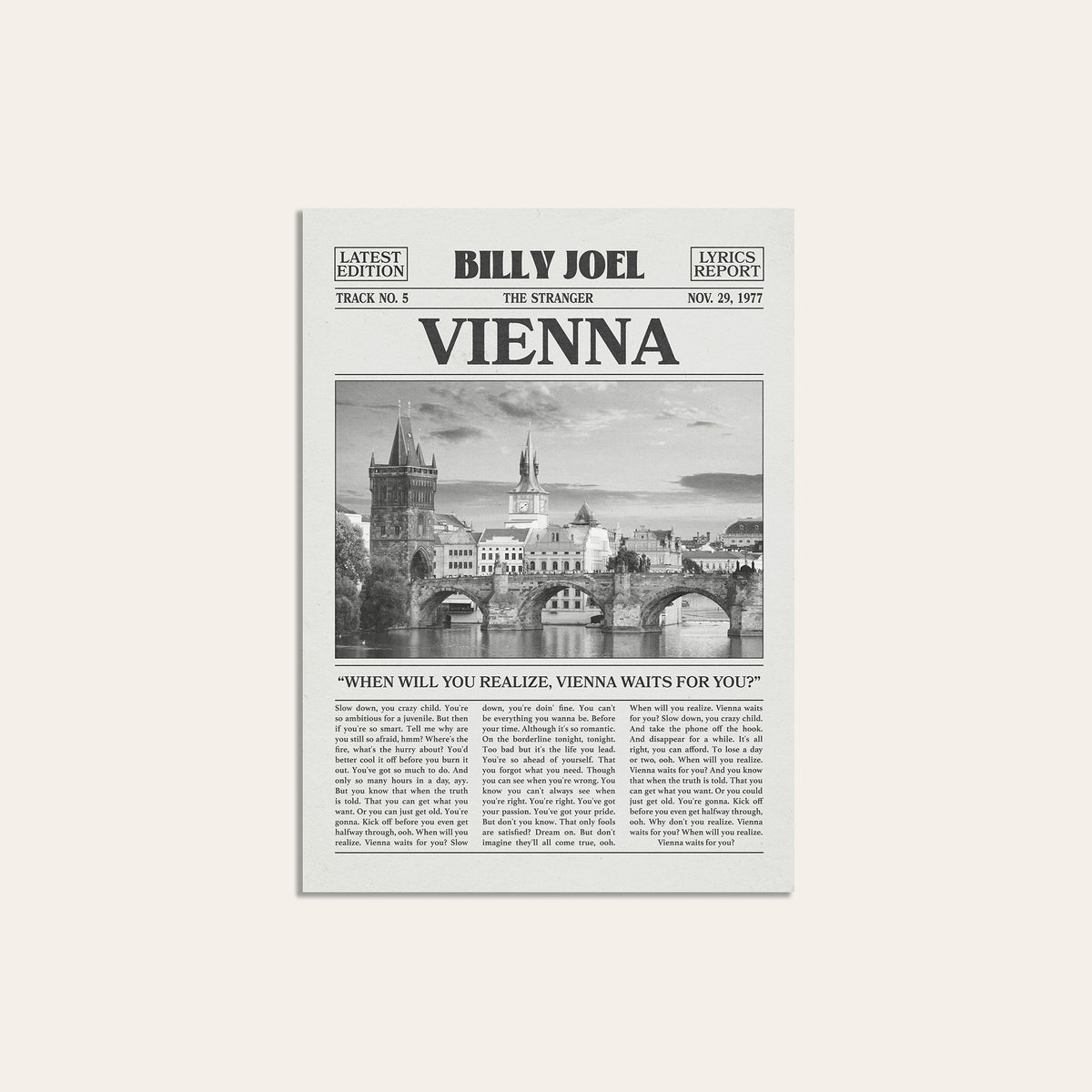 Billy Joel Vienna newspaper poster, Bridge — unframed print