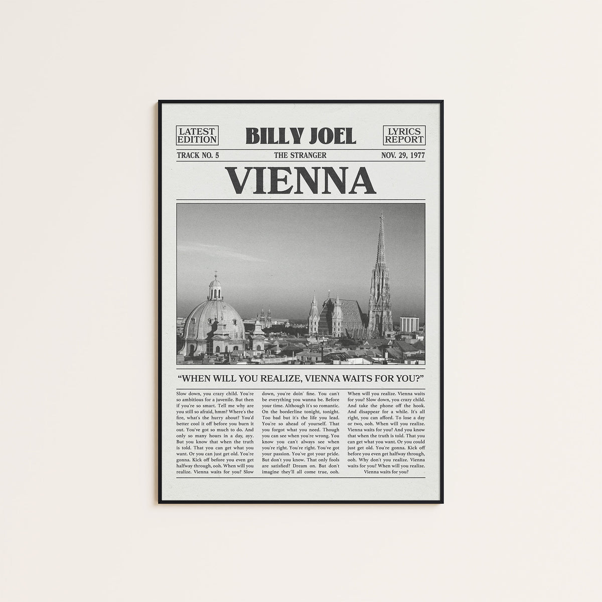 Billy Joel Vienna newspaper poster, Skyline — black frame display