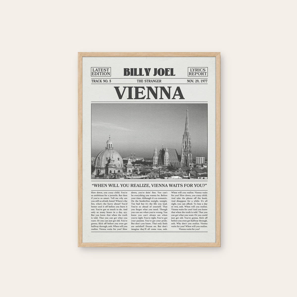 Billy Joel Vienna newspaper poster, Skyline — natural wood frame
