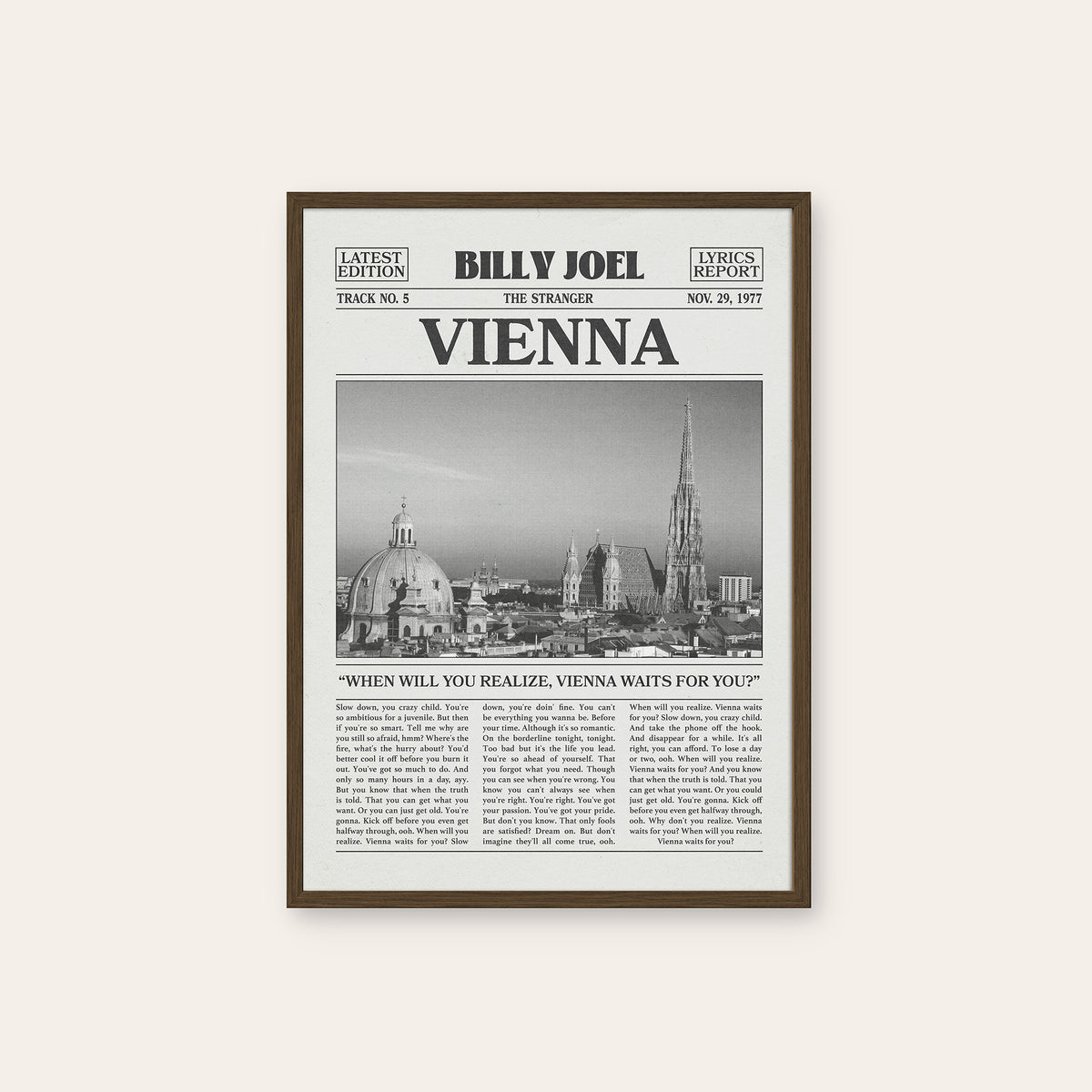 Billy Joel Vienna newspaper poster, Skyline — dark wood frame