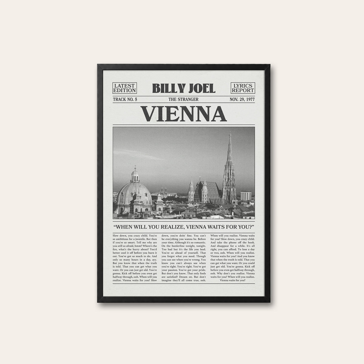 Billy Joel Vienna newspaper poster, Skyline — black frame