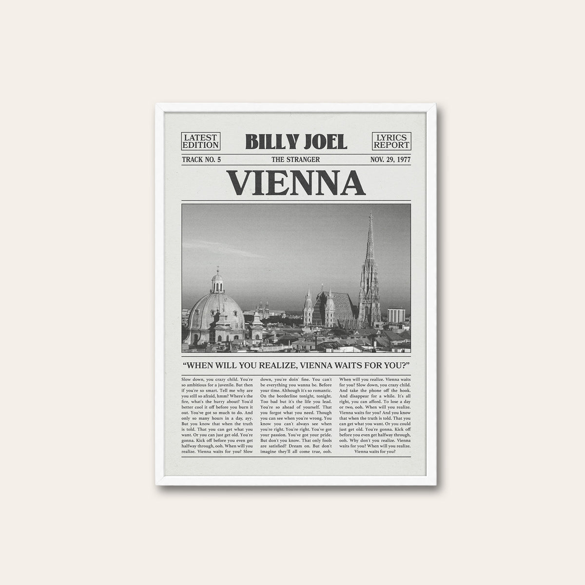 Billy Joel Vienna newspaper poster, Skyline — white frame