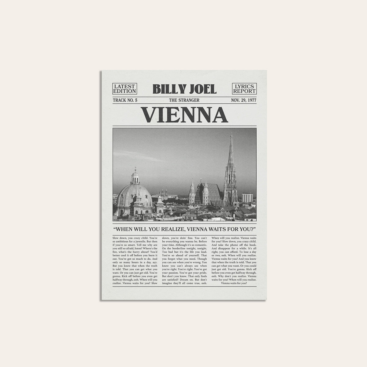 Billy Joel Vienna newspaper poster, Skyline — unframed print