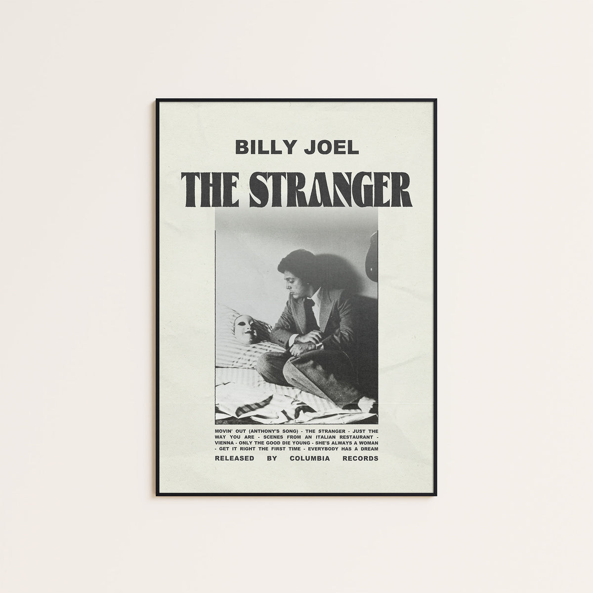 Billy Joel The Stranger newspaper poster, Tracklist — black frame display