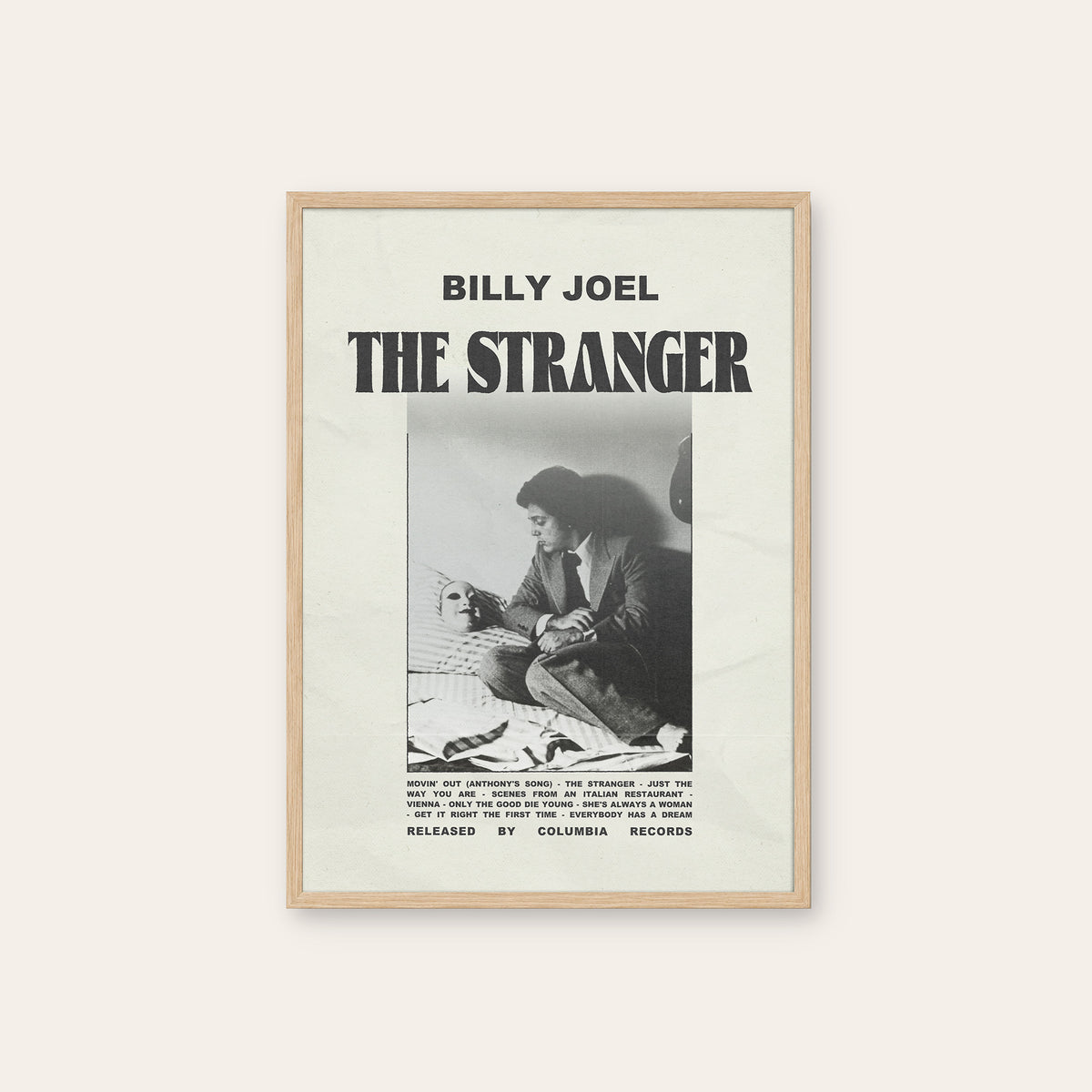 Billy Joel The Stranger newspaper poster, Tracklist — natural wood frame