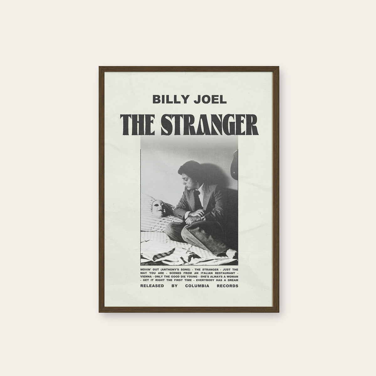 Billy Joel The Stranger newspaper poster, Tracklist — dark wood frame