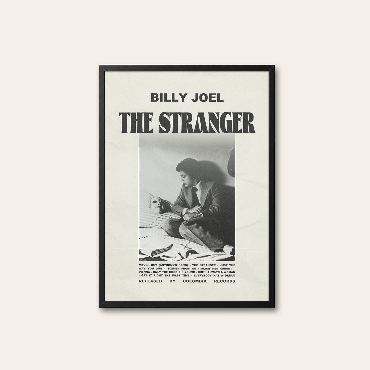 Billy Joel The Stranger newspaper poster, Tracklist — black frame