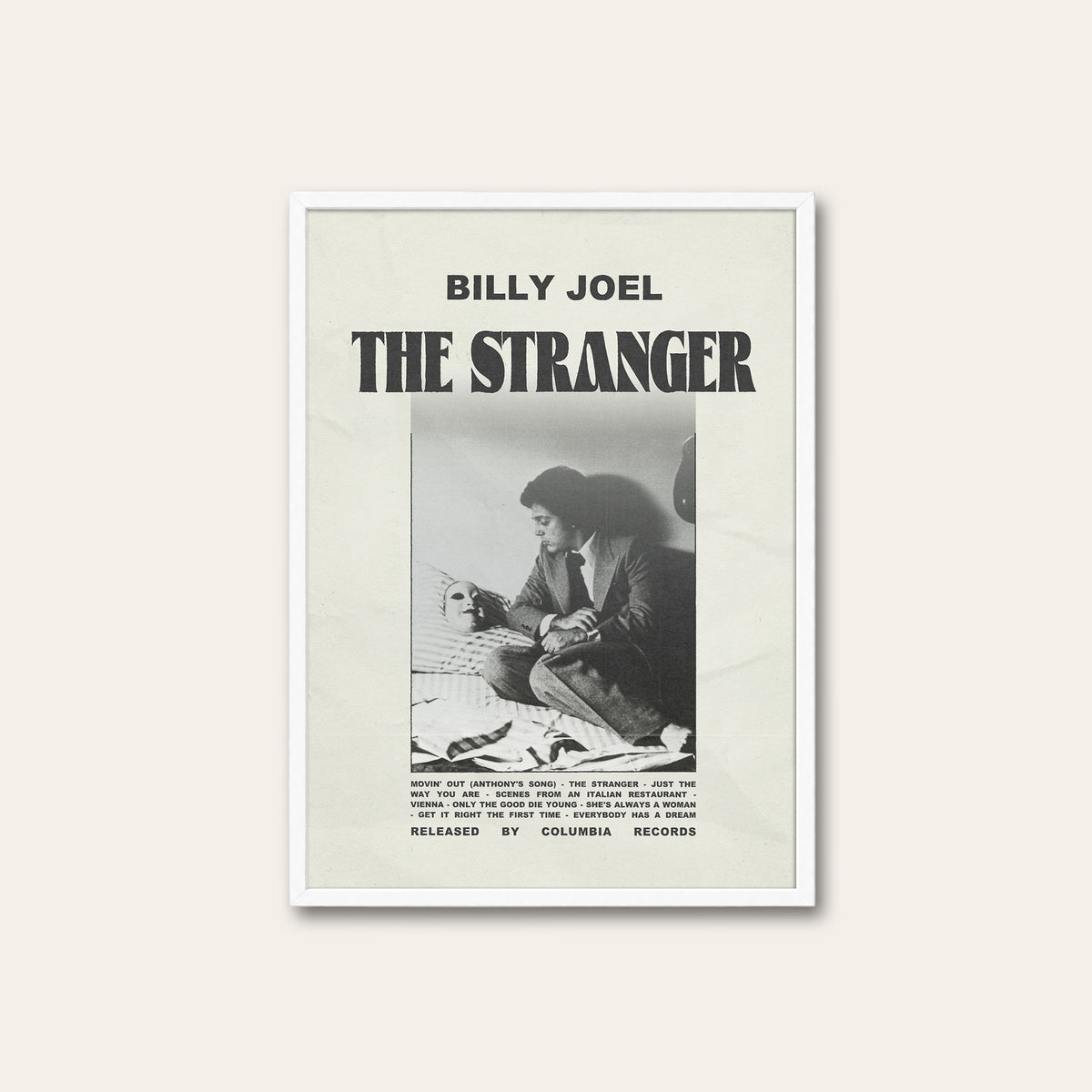 Billy Joel The Stranger newspaper poster, Tracklist — white frame