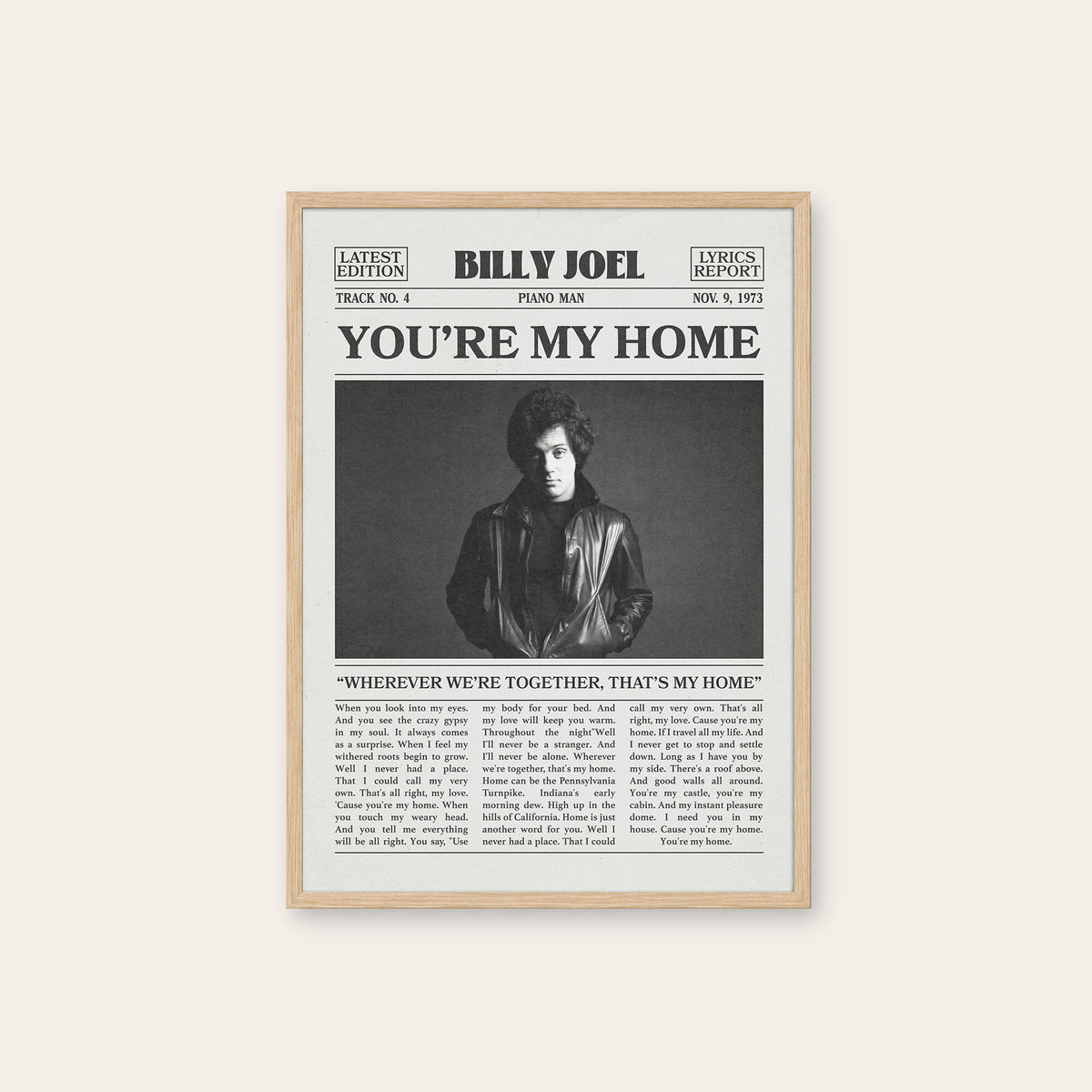 Billy Joel You're My Home newspaper poster — natural wood frame