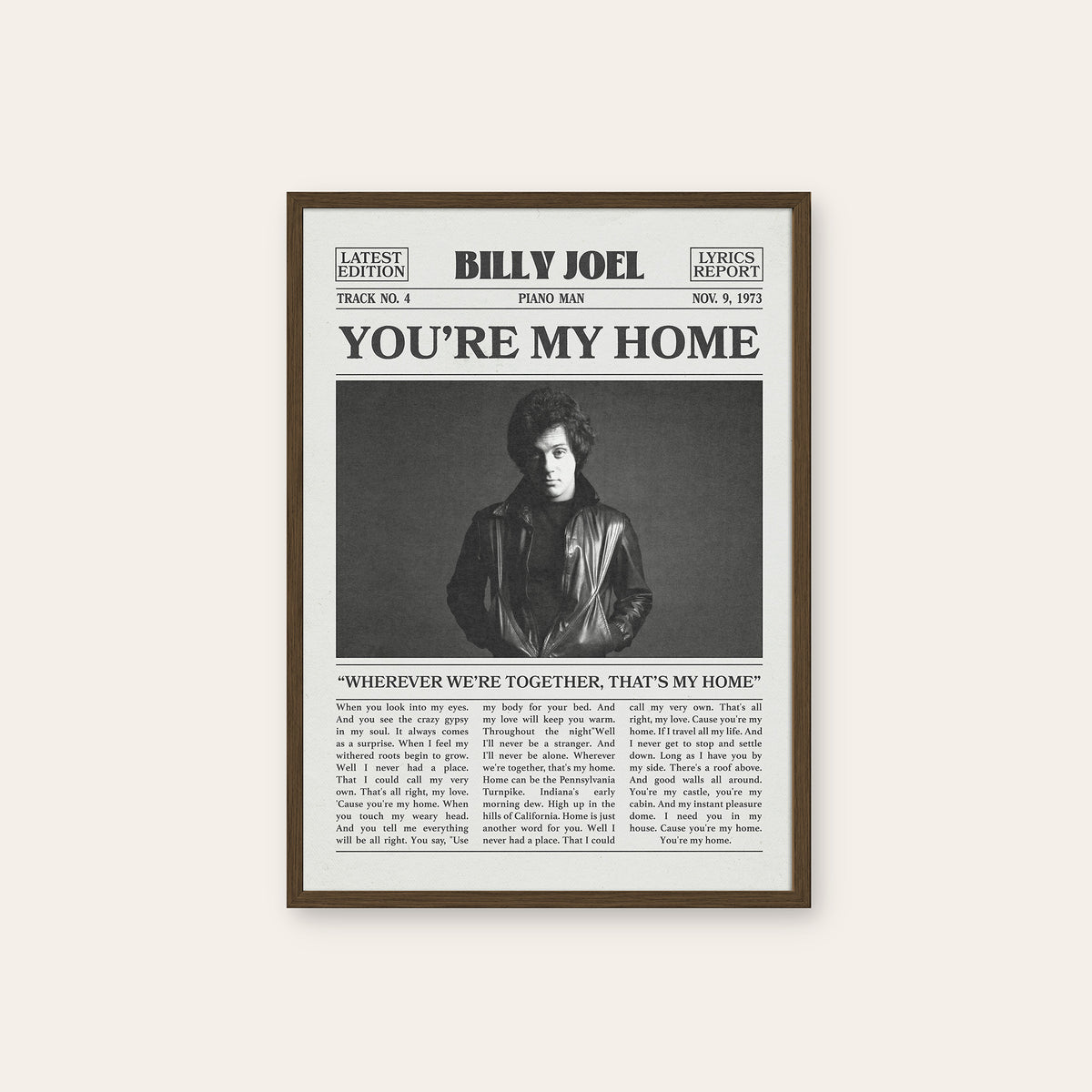 Billy Joel You're My Home newspaper poster — dark wood frame