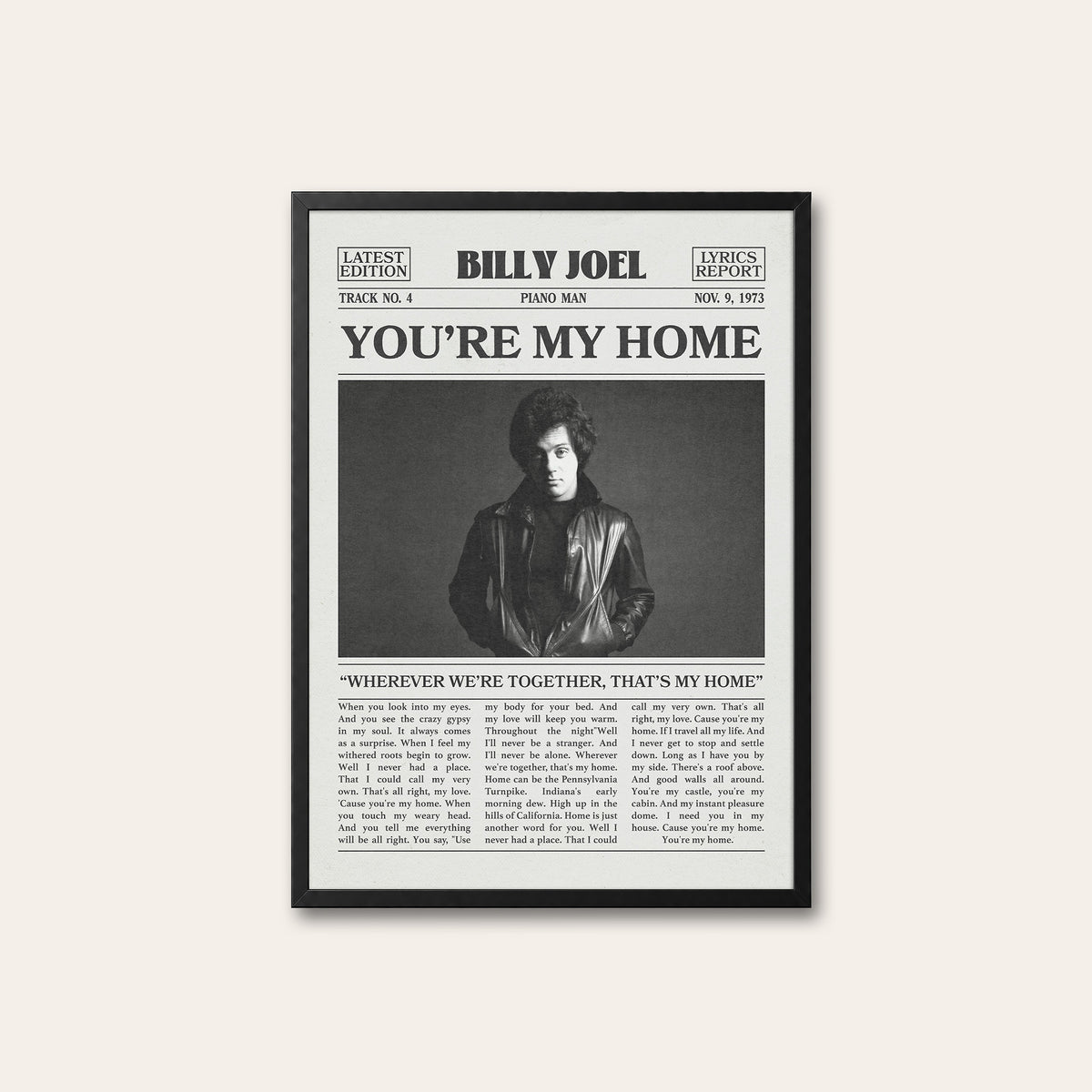 Billy Joel You're My Home newspaper poster — black frame