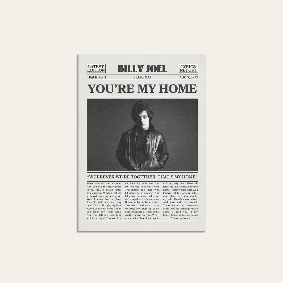 Billy Joel You're My Home newspaper poster — unframed print
