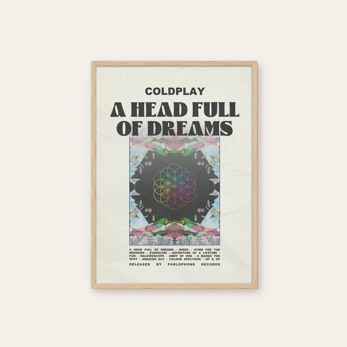 Coldplay A Head Full of Dreams newspaper poster — natural wood frame