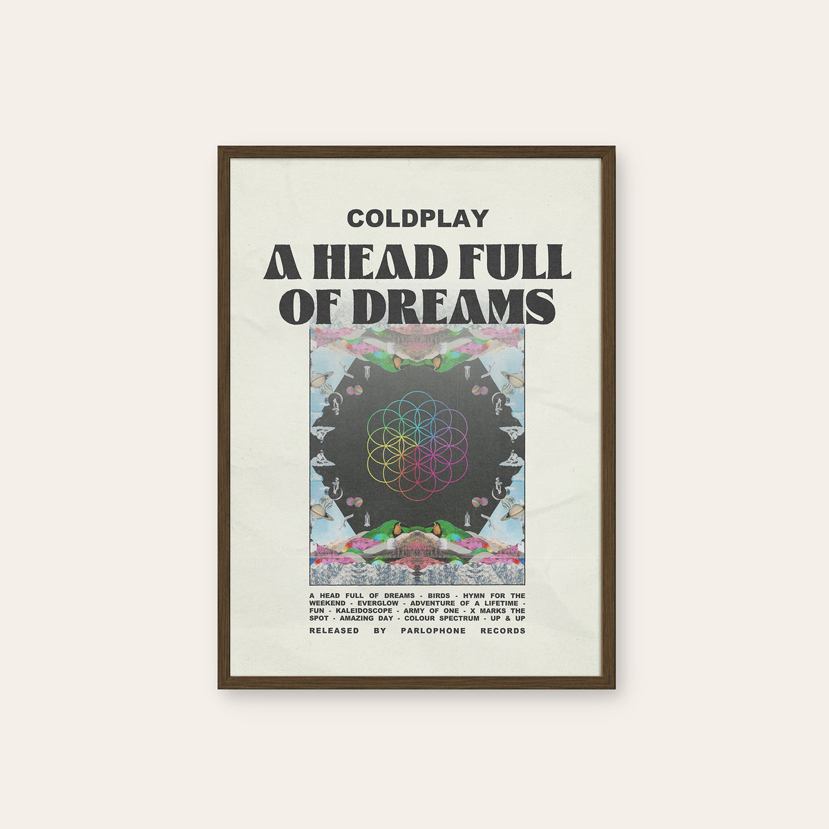 Coldplay A Head Full of Dreams newspaper poster — dark wood frame