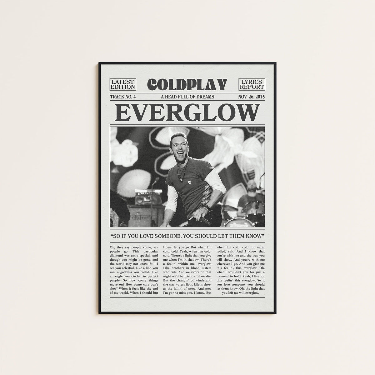 Coldplay Everglow newspaper poster — black frame display