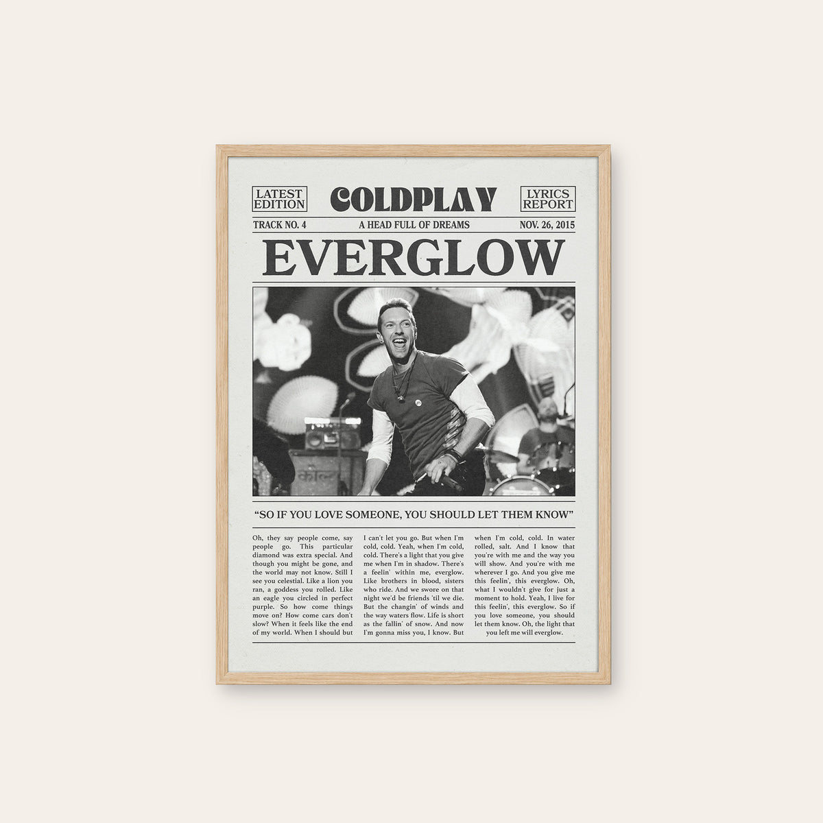 Coldplay Everglow newspaper poster — natural wood frame