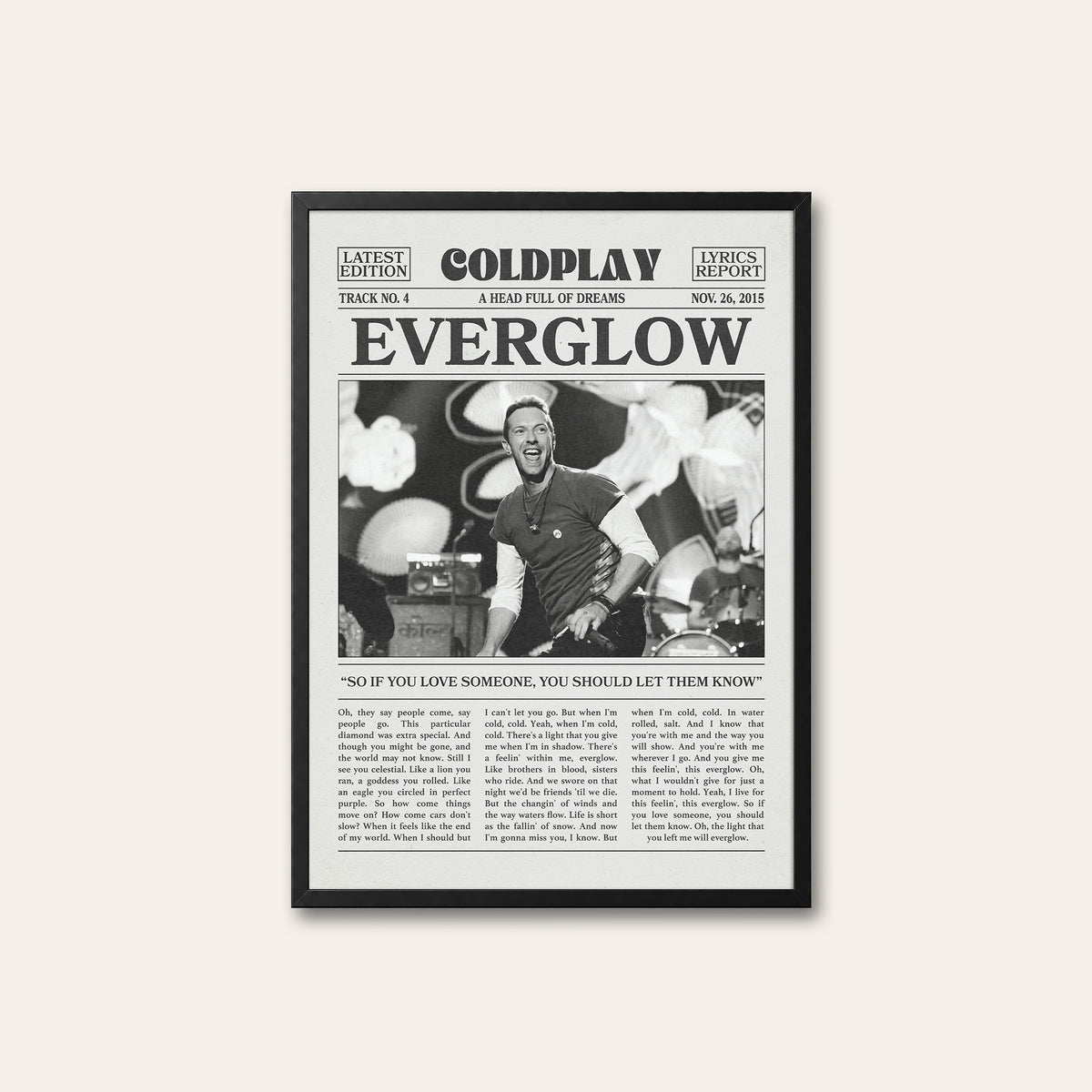 Coldplay Everglow newspaper poster — black frame