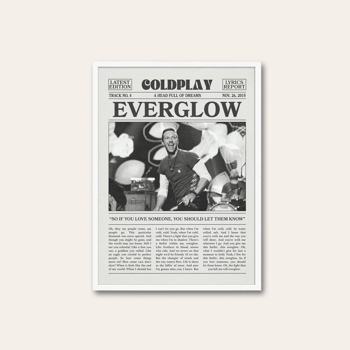 Coldplay Everglow newspaper poster — white frame