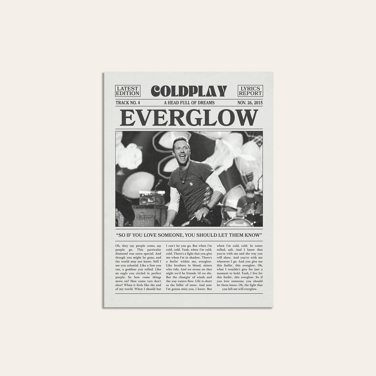 Coldplay Everglow newspaper poster — unframed print