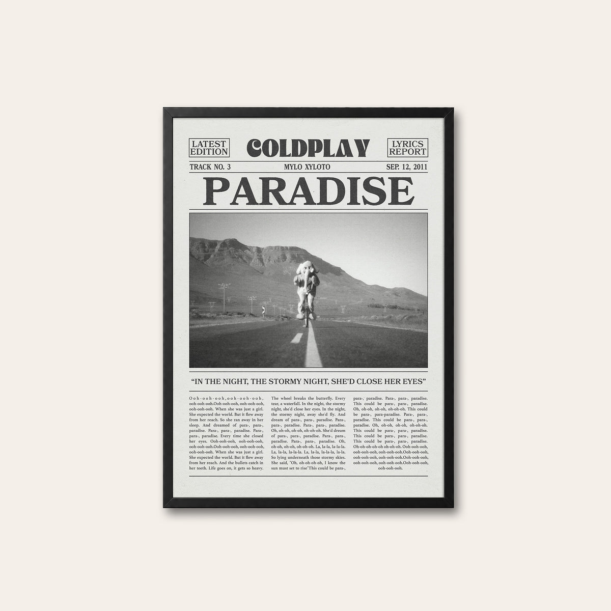 Coldplay Paradise newspaper poster — black frame