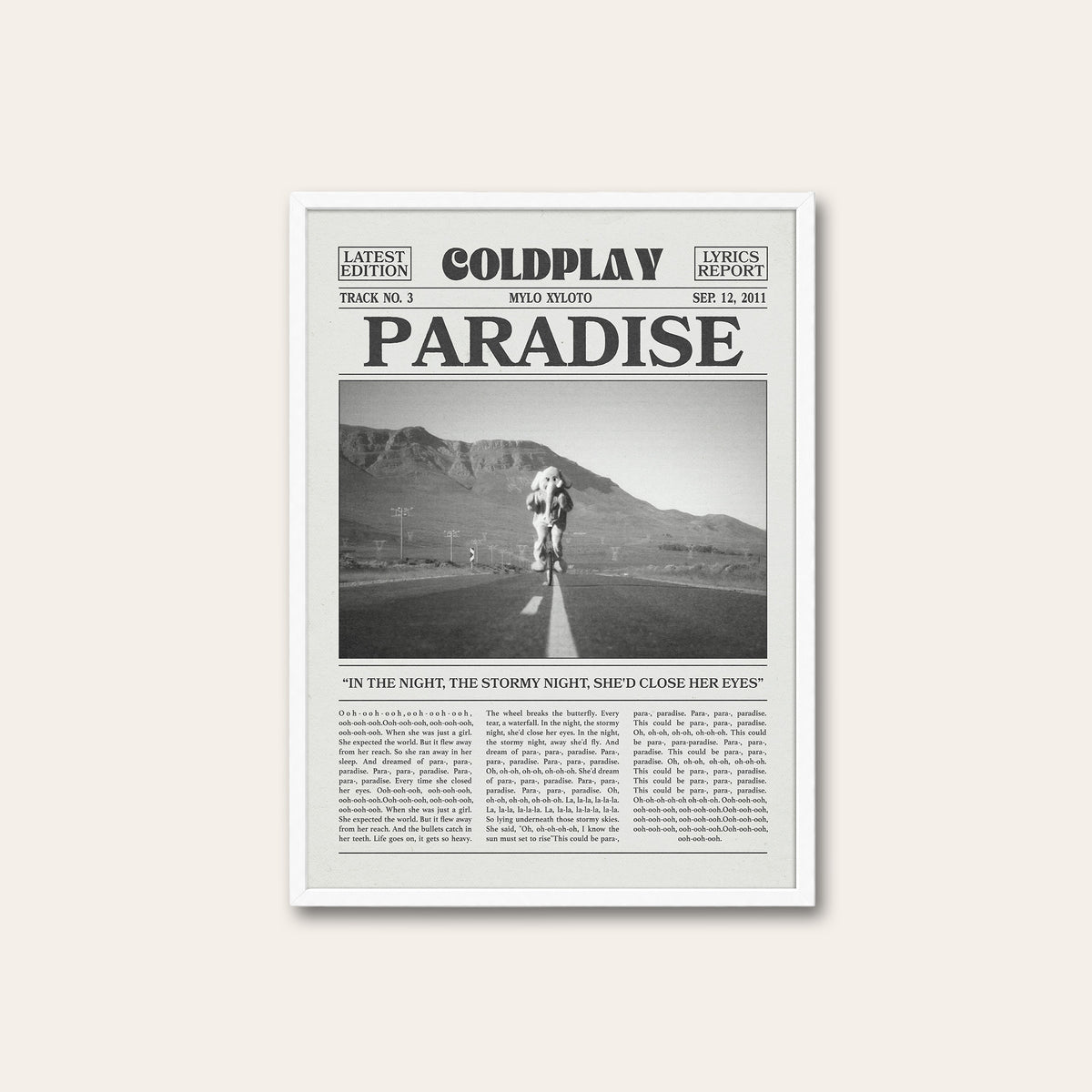 Coldplay Paradise newspaper poster — white frame