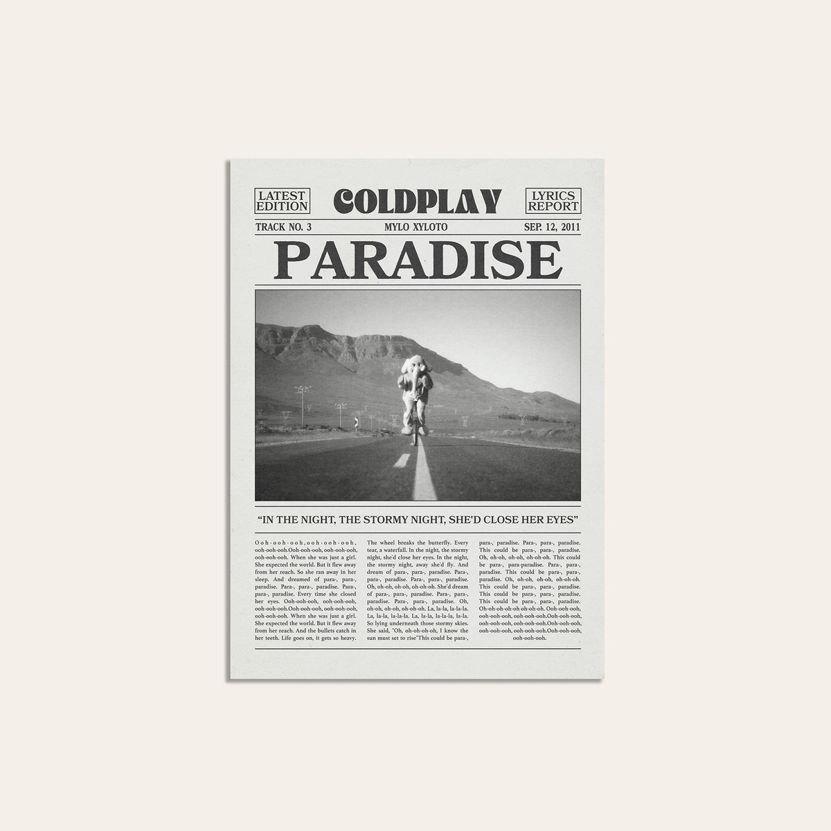 Coldplay Paradise newspaper poster — unframed print
