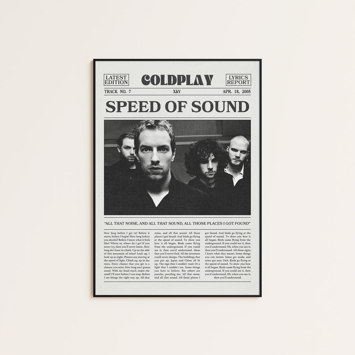 Coldplay Speed of Sound newspaper poster — black frame display