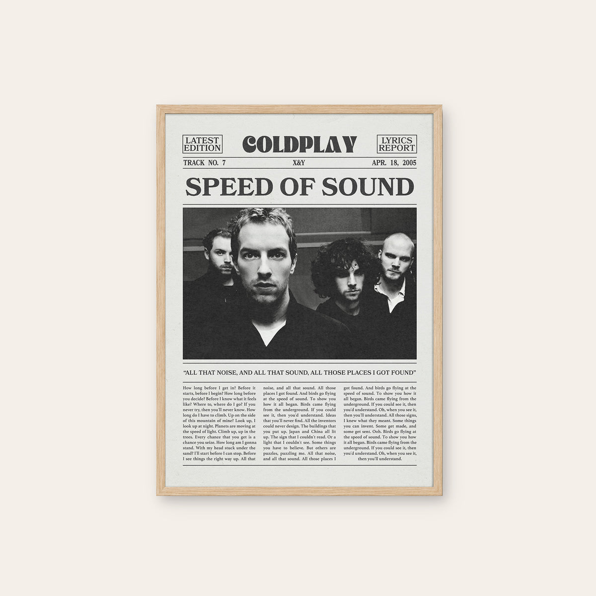 Coldplay Speed of Sound newspaper poster — natural wood frame
