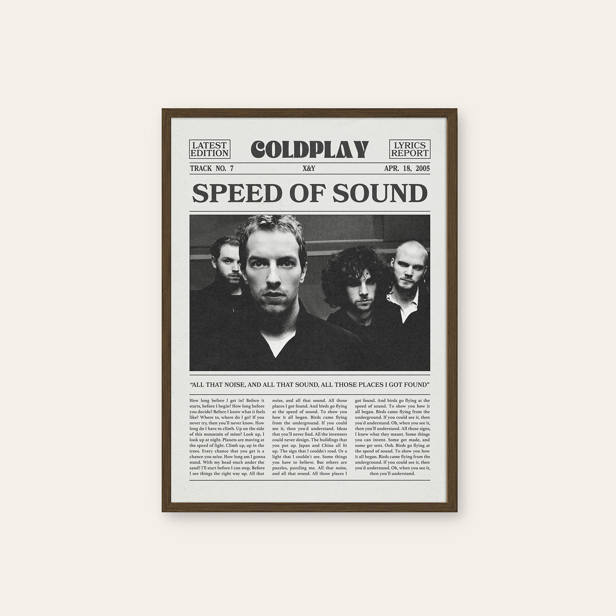 Coldplay Speed of Sound newspaper poster — dark wood frame